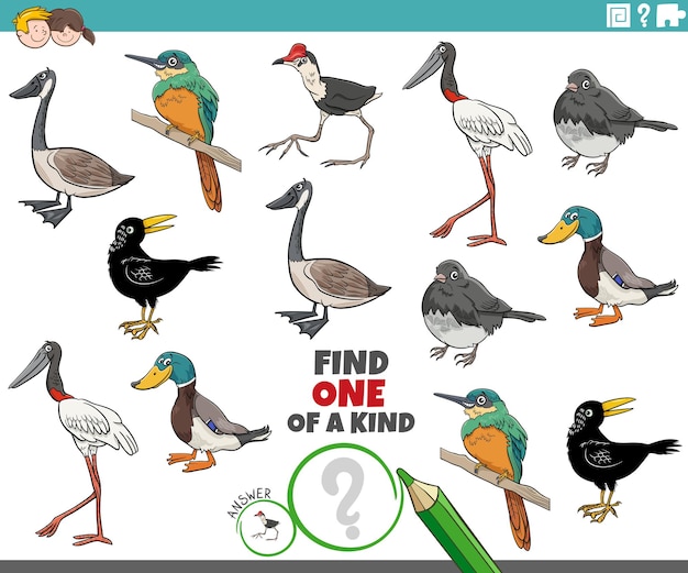 Encuentra un juego de imágenes único con personajes de animales de pájaros de dibujos animados
