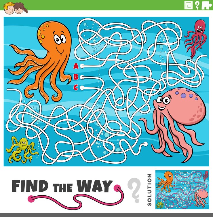 Vector encuentra el juego de laberinto con personajes de pulpo de dibujos animados