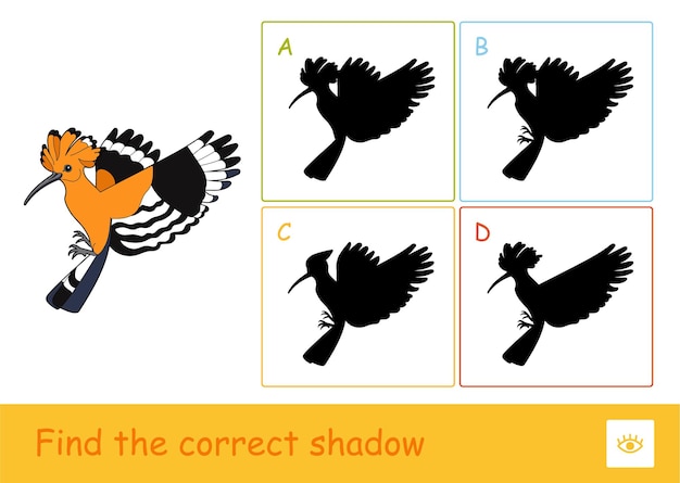 Vector encuentra el juego de niños de aprendizaje de prueba de sombras correcto con una ilustración simple de una abubilla