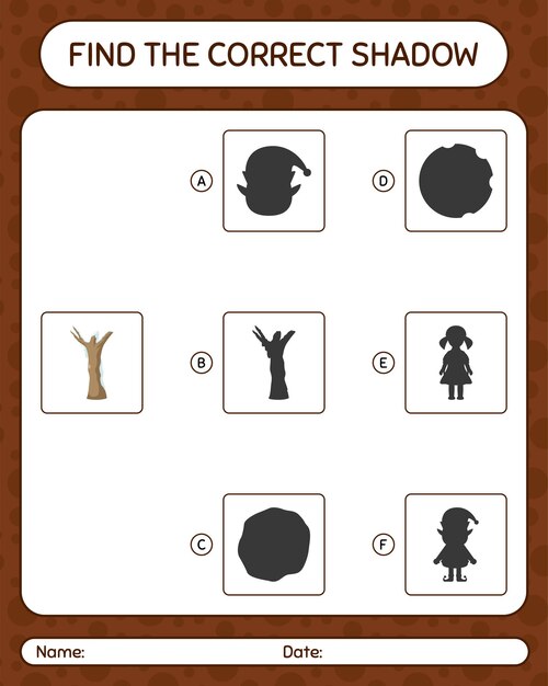 Encuentra el juego de sombras correcto con árbol muerto. hoja de trabajo para niños en edad preescolar, hoja de actividades para niños