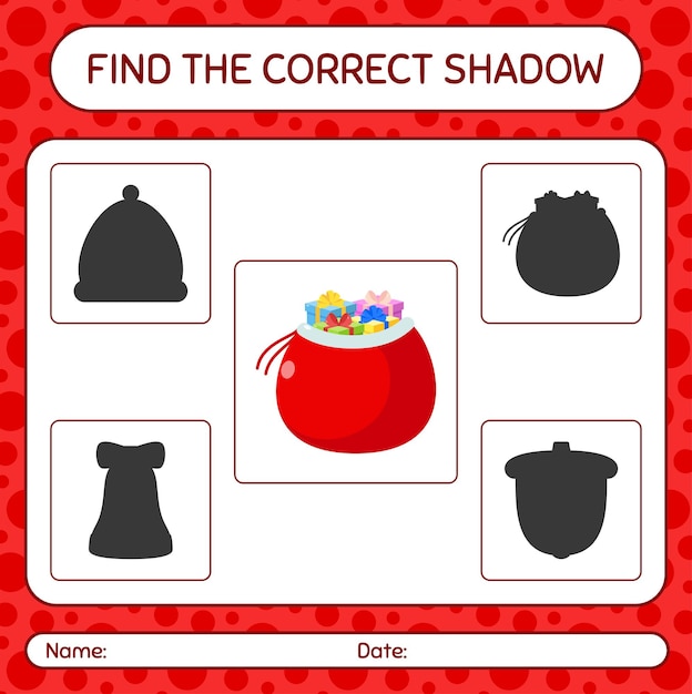 Encuentra el juego de sombras correcto con la bolsa de santa. hoja de trabajo para niños en edad preescolar, hoja de actividades para niños