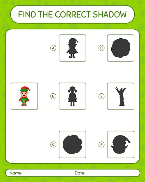 Encuentra el juego de sombras correcto con elf. hoja de trabajo para niños en edad preescolar, hoja de actividades para niños
