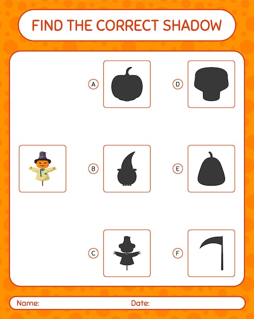 Encuentra el juego de sombras correcto con espantapájaros. hoja de trabajo para niños en edad preescolar, hoja de actividades para niños