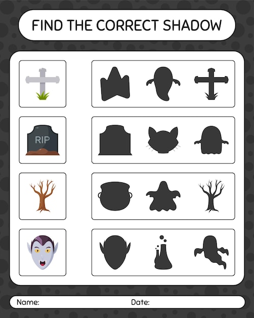 Encuentra el juego de sombras correcto con el icono de halloween. hoja de trabajo para niños en edad preescolar, hoja de actividades para niños