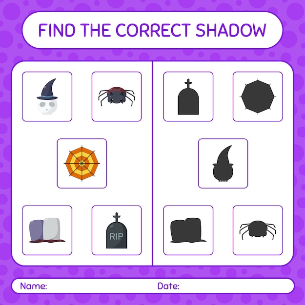 Encuentra el juego de sombras correcto con el icono de halloween. hoja de trabajo para niños en edad preescolar, hoja de actividades para niños