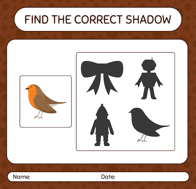 Encuentra el juego de sombras correcto con el pájaro robin. hoja de trabajo para niños en edad preescolar, hoja de actividades para niños