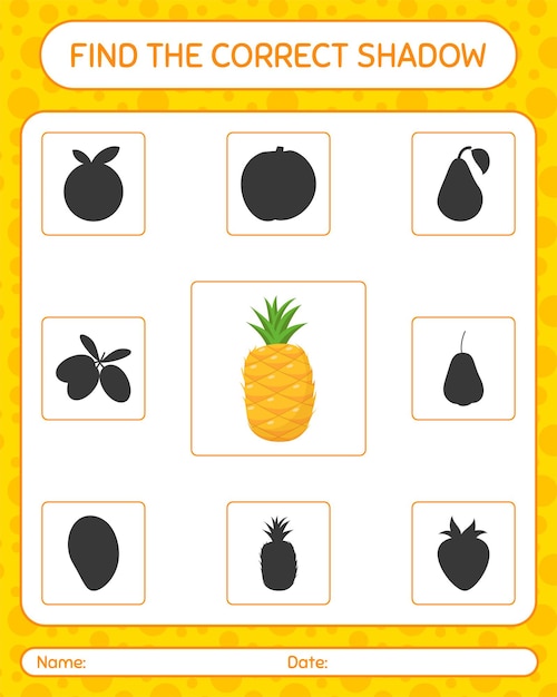 Encuentra el juego de sombras correcto con piña. hoja de trabajo para niños en edad preescolar, hoja de actividades para niños