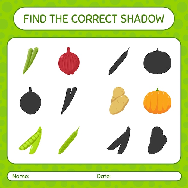 Encuentra el juego de sombras correcto con vegetales. hoja de trabajo para niños en edad preescolar, hoja de actividades para niños