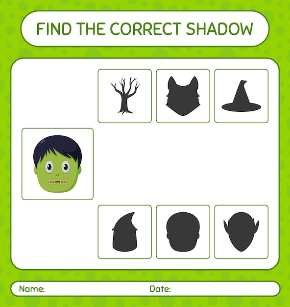 Encuentra el juego de sombras correcto con zombie. hoja de trabajo para niños en edad preescolar, hoja de actividades para niños