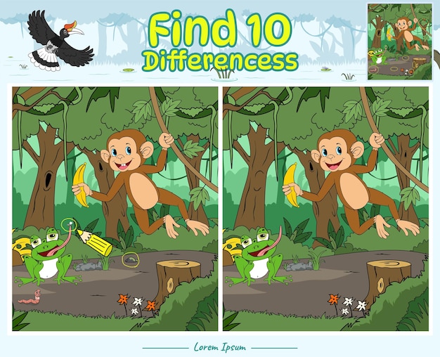 Encuentra juegos de diferencias para niños con jungla de dibujos animados de monos