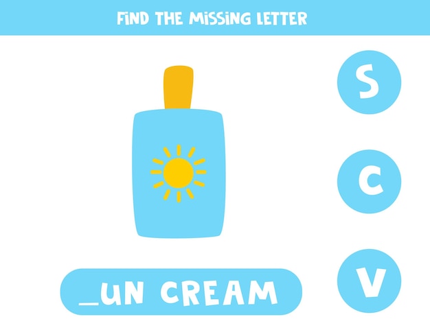 Encuentra la letra que falta con la hoja de trabajo de ortografía de crema solar