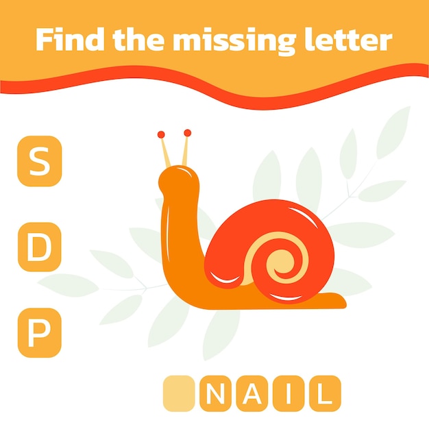 Encuentra la letra que falta juego educativo de ortografía para niños ilustración de vector de caracol colorido