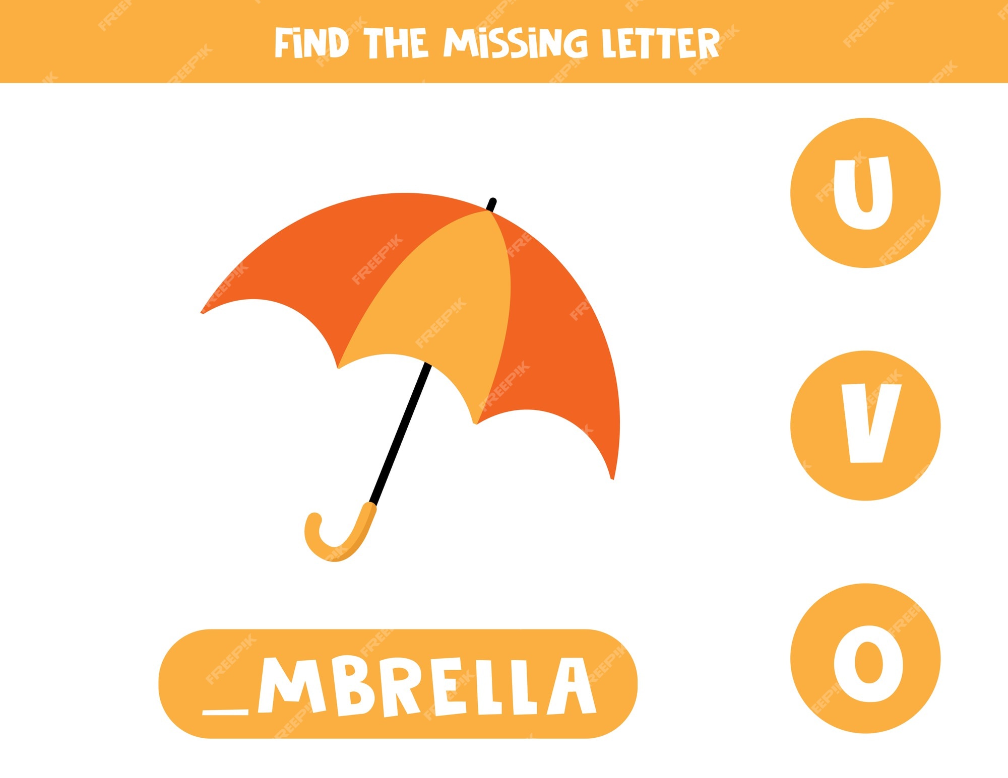 Encuentra la letra que falta con el paraguas de dibujos animados. juego para niños. hoja de trabajo de ortografía en inglés para niños en edad preescolar. | Vector Premium