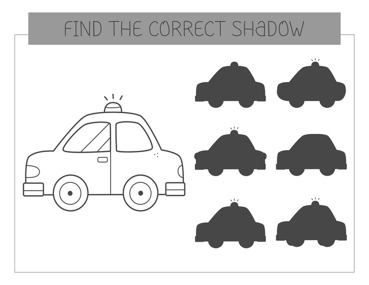 Vector encuentra el libro de colorear de sombra correcto con el coche página para colorear juego educativo juego de combinación de sombras
