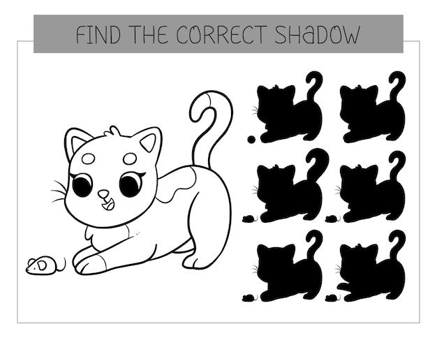 Encuentra el libro de colorear sombras correcto con el gato Juego educativo de página de colorear Juego de coincidencia de sombras