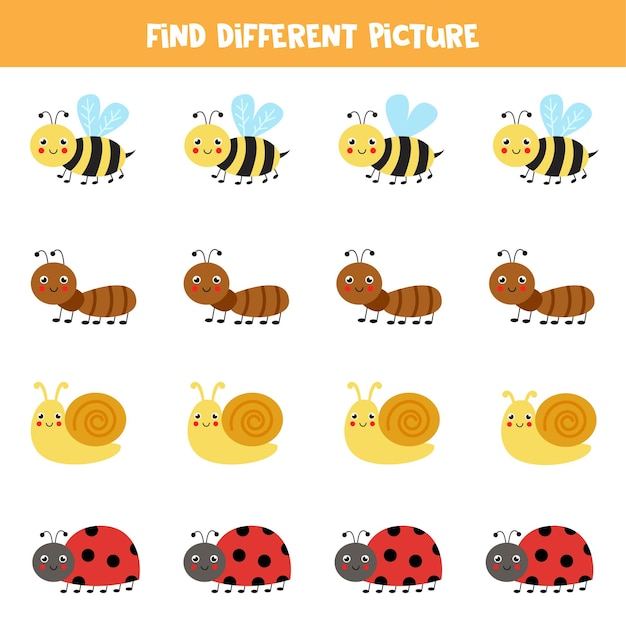 Encuentra un lindo insecto que sea diferente a los demás. Hoja de trabajo para niños.