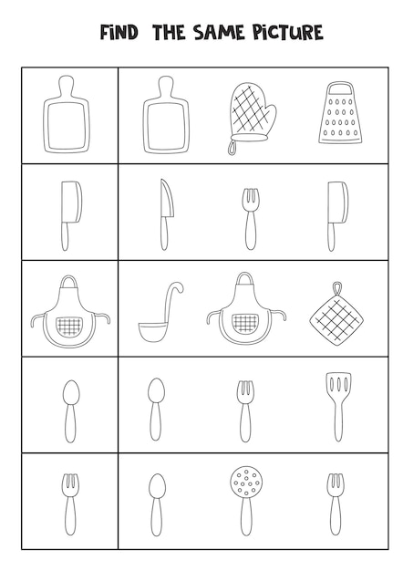 Encuentra la misma imagen de utensilios de cocina en blanco y negro. hoja de trabajo educativa para niños.