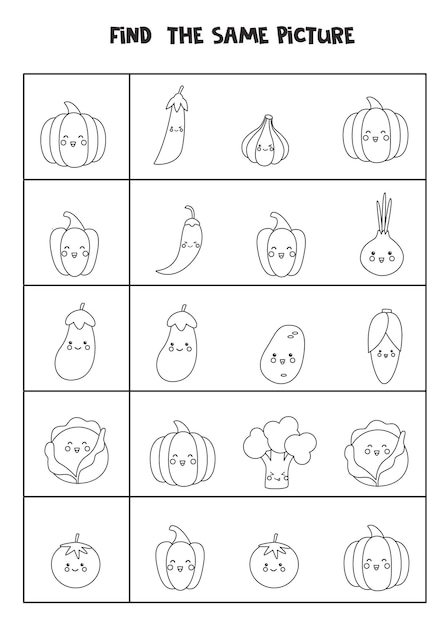 Encuentra la misma imagen de verduras en blanco y negro. Hoja de trabajo educativa para niños.
