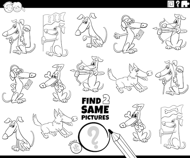 Encuentra la misma tarea de perros de dibujos animados para colorear página