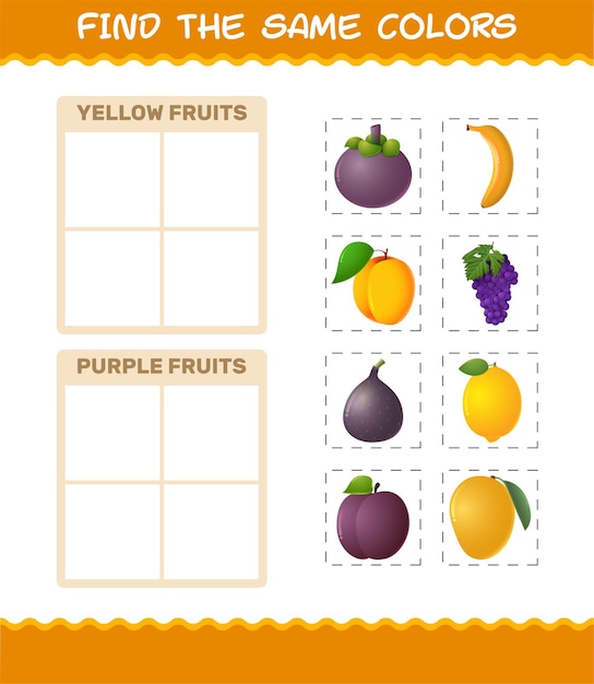 Encuentra los mismos colores de frutas. juego de búsqueda y emparejamiento. juego educativo para niños y niños pequeños en edad preescolar.