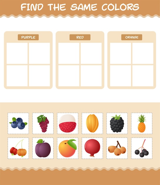 Encuentra los mismos colores de frutas. Juego de búsqueda y emparejamiento. Juego educativo para niños y niños pequeños en edad preescolar.