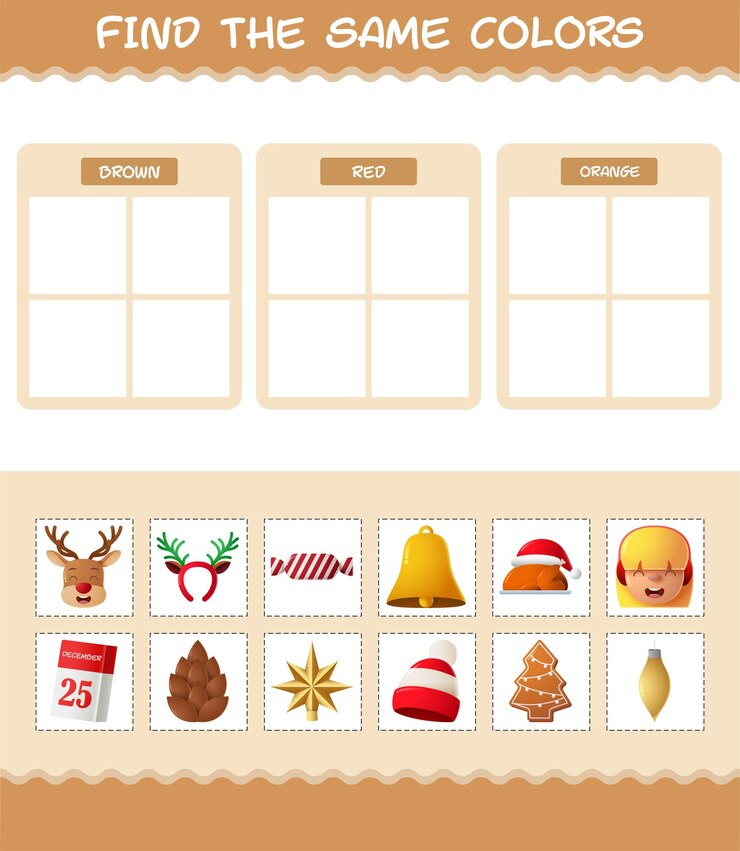 Vector encuentra los mismos colores de navidad. juego de búsqueda y emparejamiento. juego educativo para niños y niños pequeños en edad preescolar.