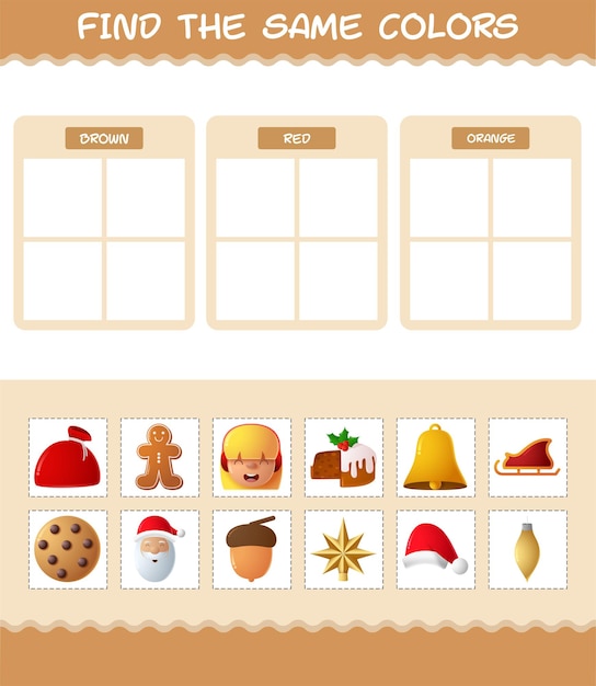 Encuentra los mismos colores de navidad. juego de búsqueda y emparejamiento. juego educativo para niños y niños pequeños en edad preescolar.