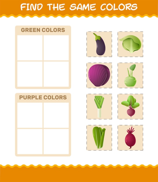 Encuentra los mismos colores de las verduras. Juego de buscar y unir. Juego educativo para niños y niños pequeños en edad preescolar.