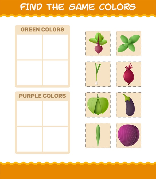 Encuentra los mismos colores de las verduras. juego de buscar y unir. juego educativo para niños y niños pequeños en edad preescolar.