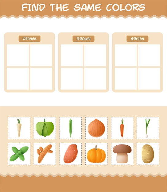 Encuentra los mismos colores de las verduras. Juego de buscar y unir. Juego educativo para niños y niños pequeños en edad preescolar.