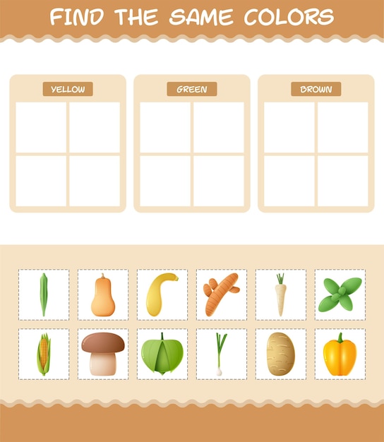 Encuentra los mismos colores de verduras. juego de búsqueda y emparejamiento. juego educativo para niños y niños pequeños en edad preescolar.