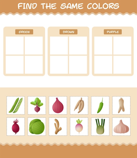 Encuentra los mismos colores de verduras. Juego de búsqueda y emparejamiento. Juego educativo para niños y niños pequeños en edad preescolar.