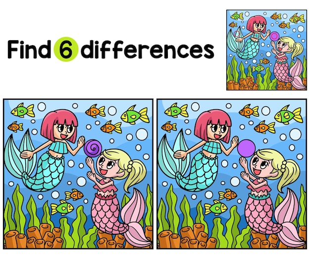 Encuentra o detecta las diferencias en esta página de actividades de Playing Mermaid Kids Es un divertido y educativo juego de rompecabezas para niños