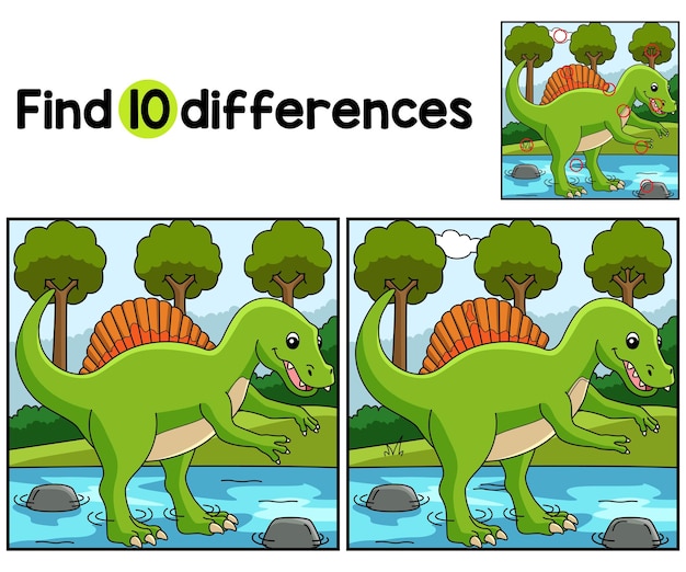 Encuentra o detecta las diferencias en esta página de actividades Spinosaurus Dinosaur Kids Es un divertido y educativo juego de rompecabezas para niños