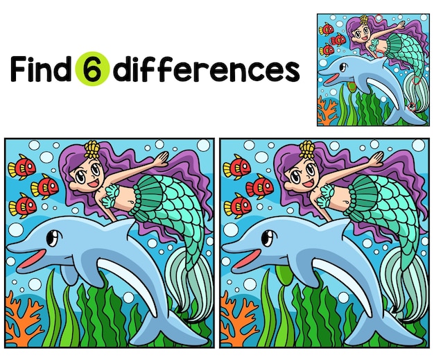 Encuentra o detecta las diferencias en esta página de actividades Swimming Mermaid And Dolphin Kids Es un divertido y educativo juego de rompecabezas para niños