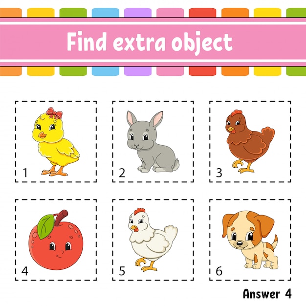 Encuentra un objeto adicional. Hoja de trabajo de actividad educativa para niños y niños pequeños. Juego para niños.