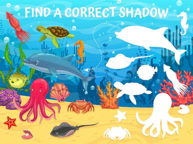 Encuentra un paisaje submarino de dibujos animados de sombra correcto