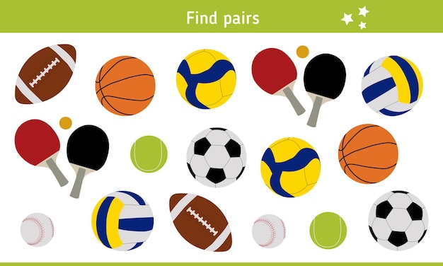 Encuentra parejas de bolas para varios juegos deportivos inventario para deportistas Juego educativo para niños