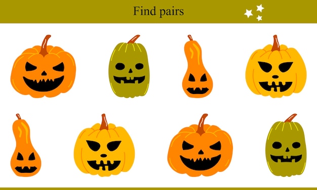 Encuentra pares para las calabazas de Halloween. Juego educativo para niños. ilustración vectorial