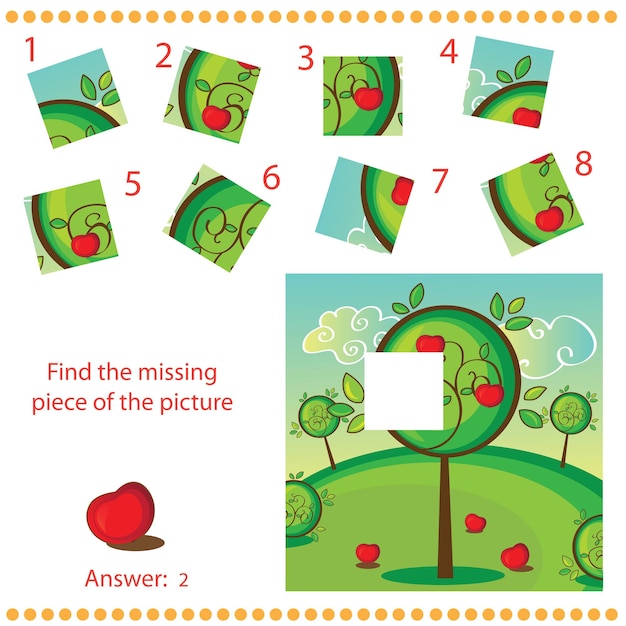 Encuentra la pieza que falta - Juego de rompecabezas para niños con manzano