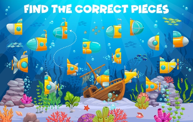 Encuentra las piezas correctas del submarino de dibujos animados.