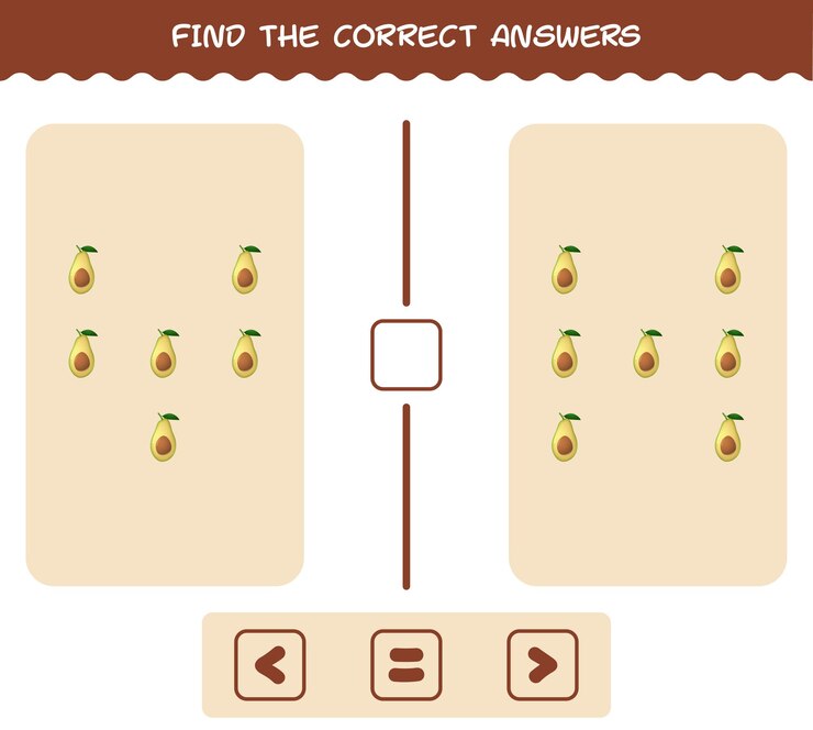 Vector encuentra las respuestas correctas de aguacate de dibujos animados. juego de búsqueda y conteo. juego educativo para niños y niños pequeños en edad preescolar.