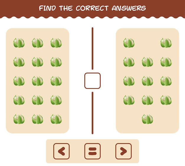 Encuentra las respuestas correctas de la coliflor de dibujos animados. Juego de buscar y contar. Juego educativo para niños y niños pequeños en edad preescolar.