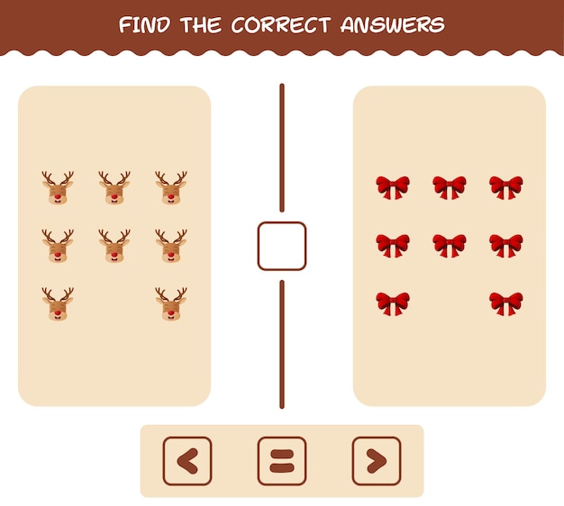 Encuentra las respuestas correctas de dibujos animados navideños. Juego de búsqueda y conteo. Juego educativo para niños y niños pequeños en edad preescolar.