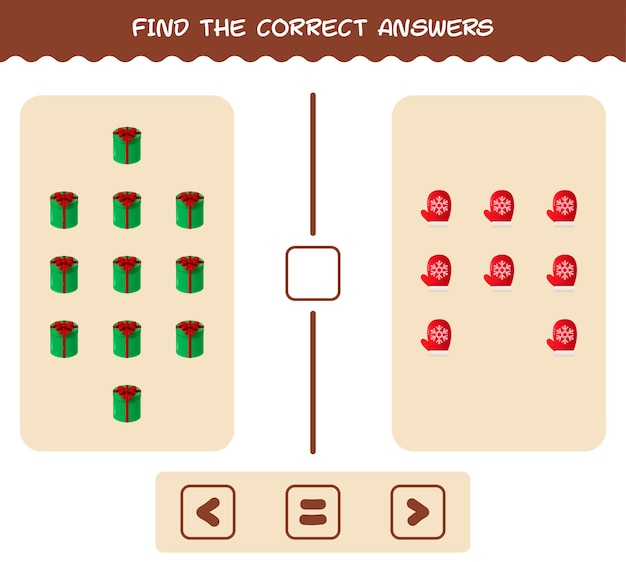 Encuentra las respuestas correctas de dibujos animados navideños. Juego de búsqueda y conteo. Juego educativo para niños y niños pequeños en edad preescolar.
