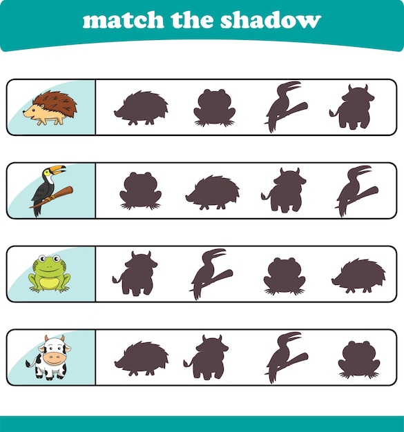 Encuentra la sombra de animal correcta Juegos Educativos de Lógica para Niños Imprimibles
