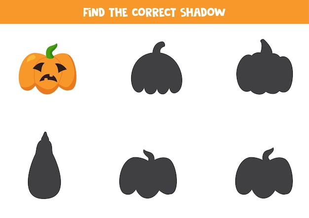 Encuentra la sombra de la calabaza de Halloween de dibujos animados. Ilustración de jack o lantern. Hoja de trabajo lógica educativa para niños.