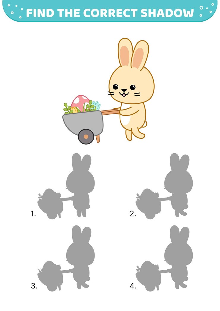 Vector encuentra la sombra correcta carrito de jardín de conejo gran huevo de pascua juego de coincidencia de sombras vector de dibujos animados
