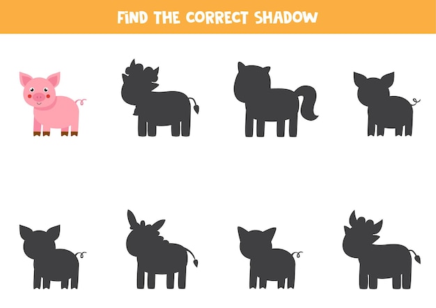 Encuentra la sombra correcta del cerdo de granja. juego de lógica educativo para niños.