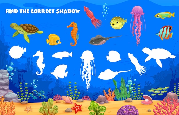 Encuentra la sombra correcta dibujos animados mar animales submarinos